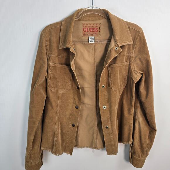 Vintage Y2K GUESS Corduroy Shirt Jacket Raw Hem Camel Snap Front Large - Picture 6 of 10